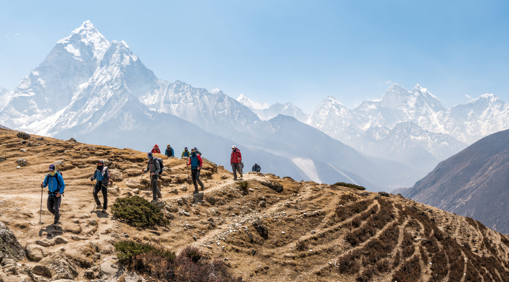 Small group of hikers at Dingboche, Nepal.