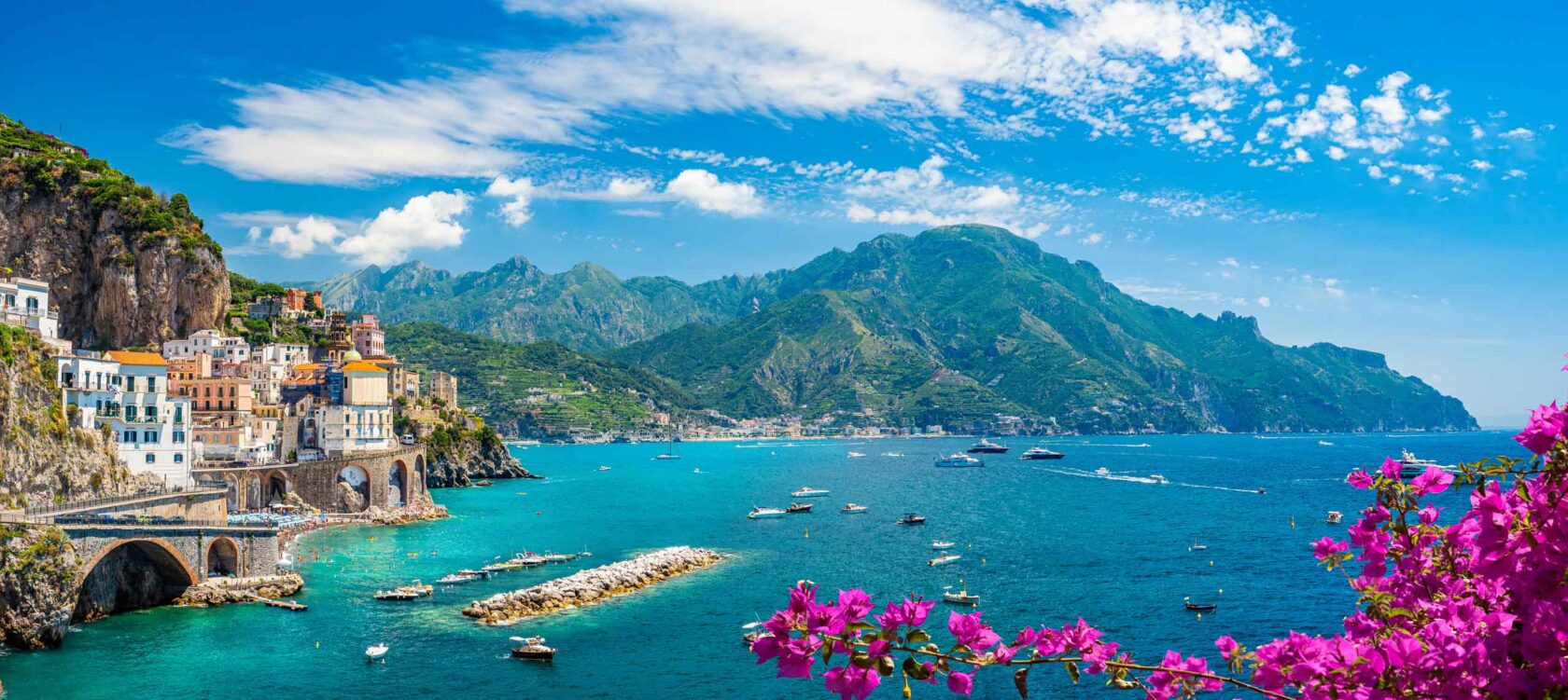 Landscape with Atrani town at famous Amalfi coast, Italy.