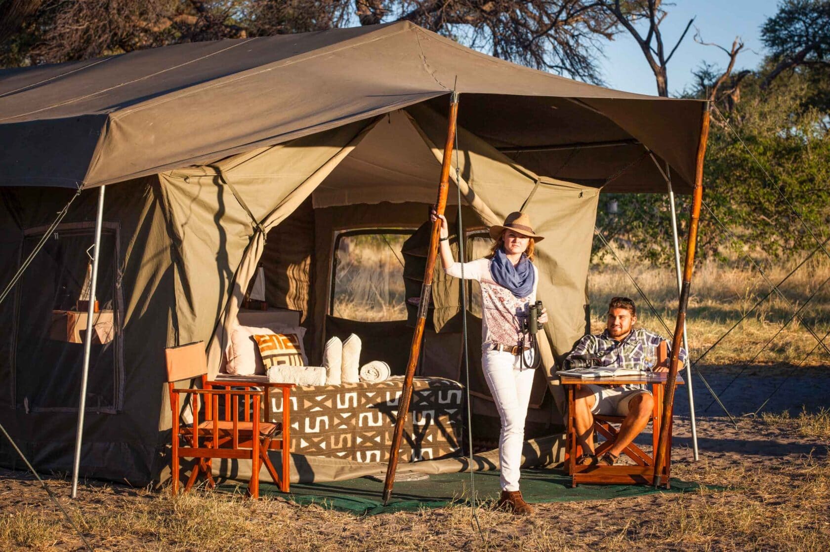 A tent set up on a campsite in Botswana.