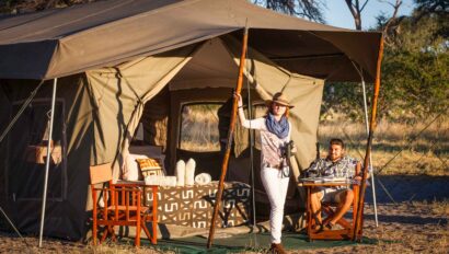 A tent set up on a campsite in Botswana.