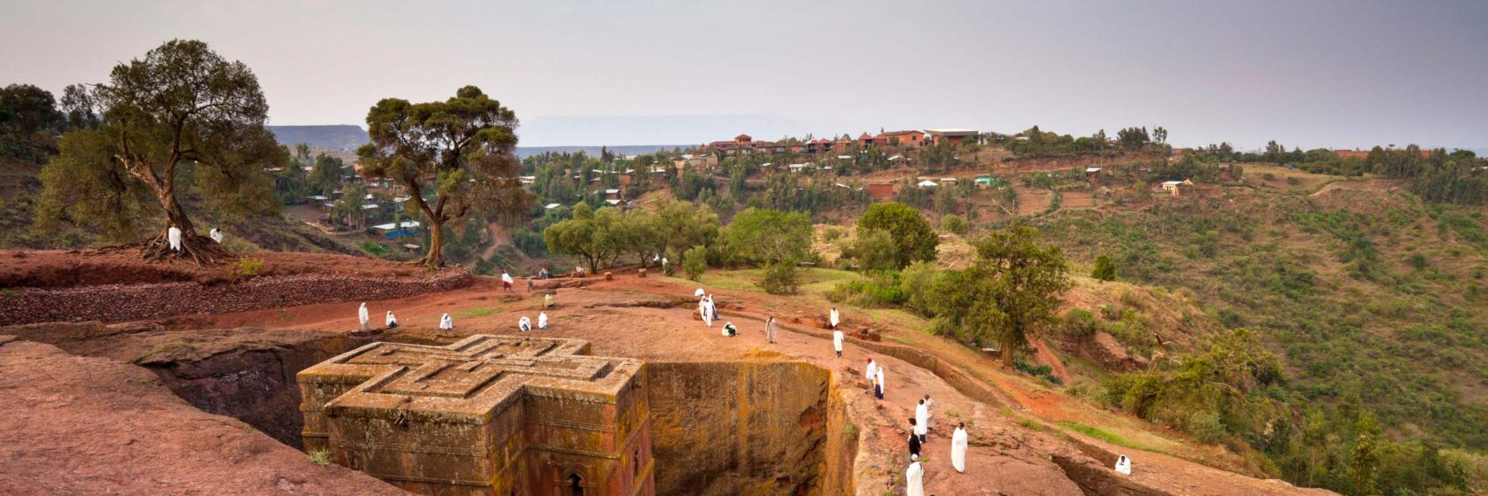 Bet Giyorgis rock hewn church at dawn Lalibela Ethiopia.