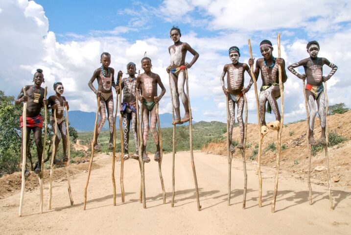 A group of people on stilts in Ethiopia.