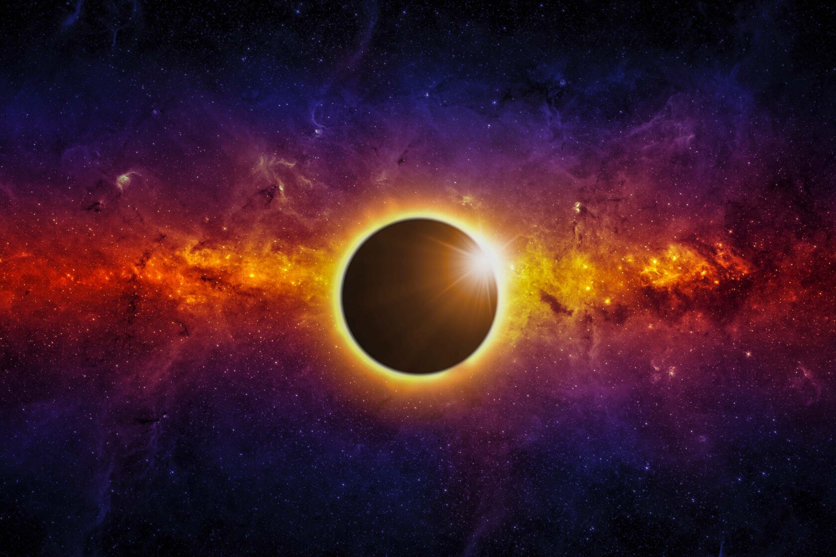 full sun eclipse, red galaxy in space.