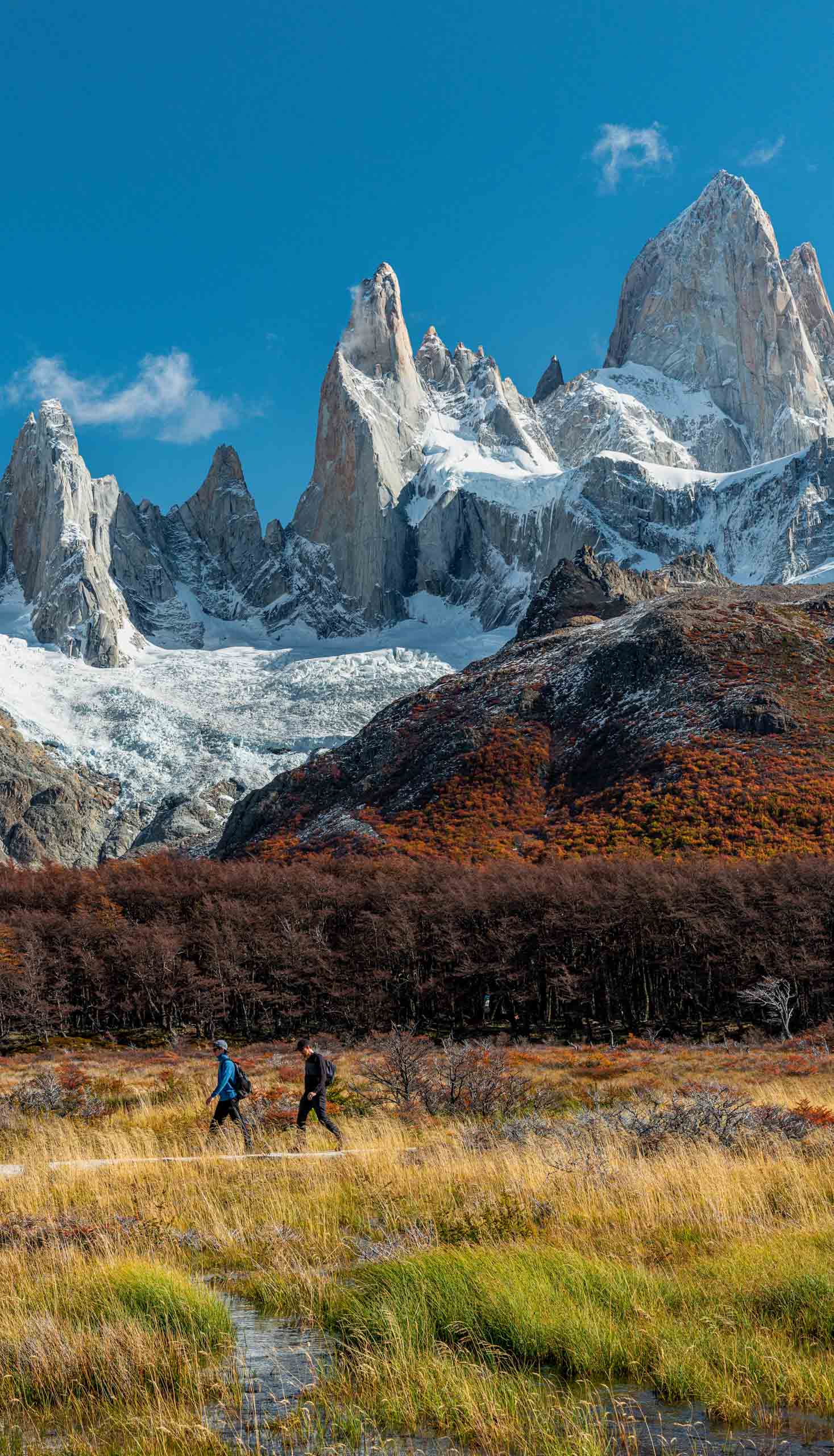 A group of people hiking by Mt. Fitz Roy.