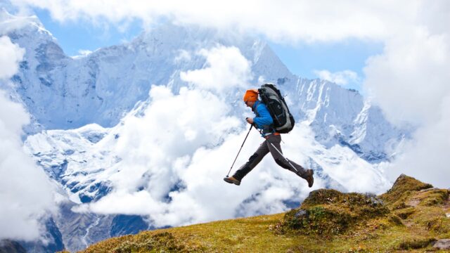 A person hiking the Himalayas.