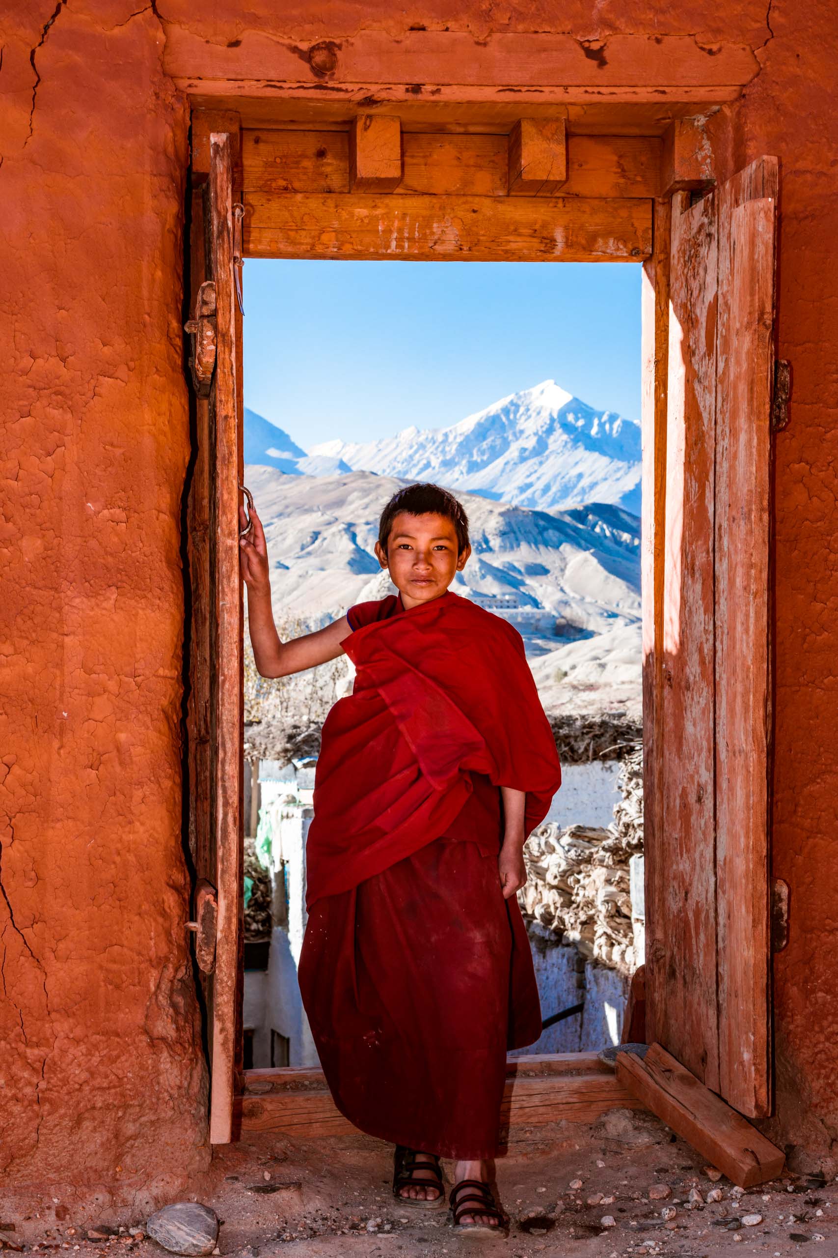 Young novice buddhist monks in the monastery, Lo Manthang, Upper Mustang region, Nepal.