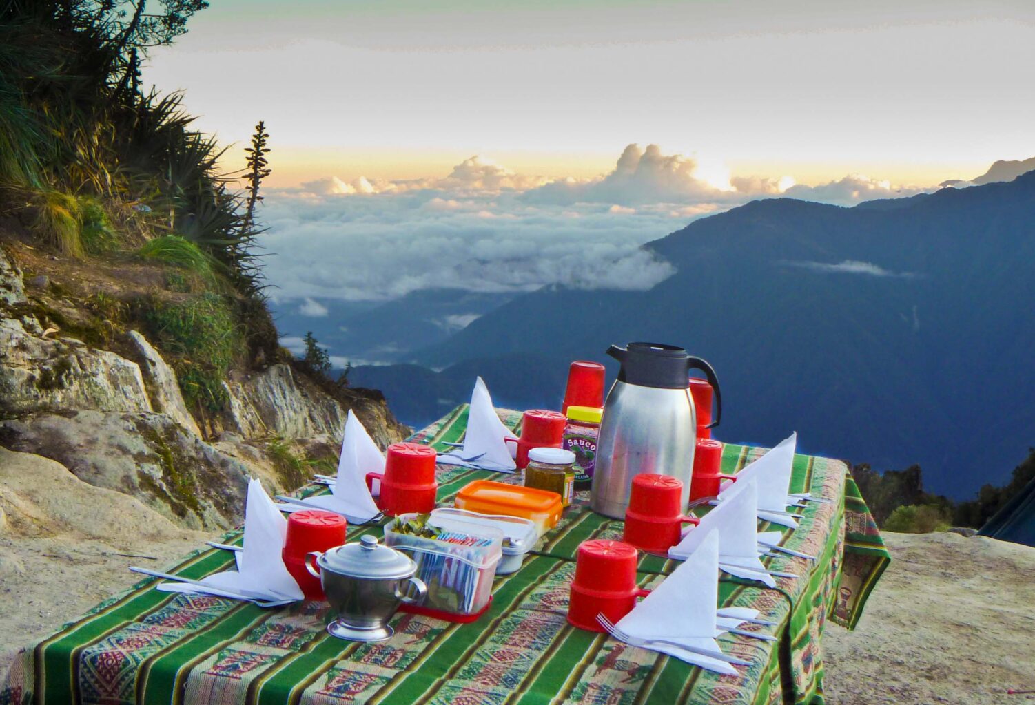 A dining table set up on the Inca trail.
