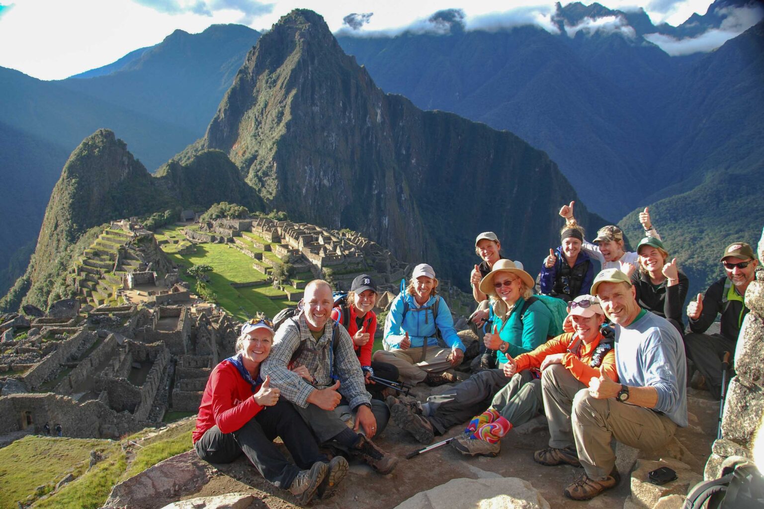A group of hikers resting on the Inca Trail.