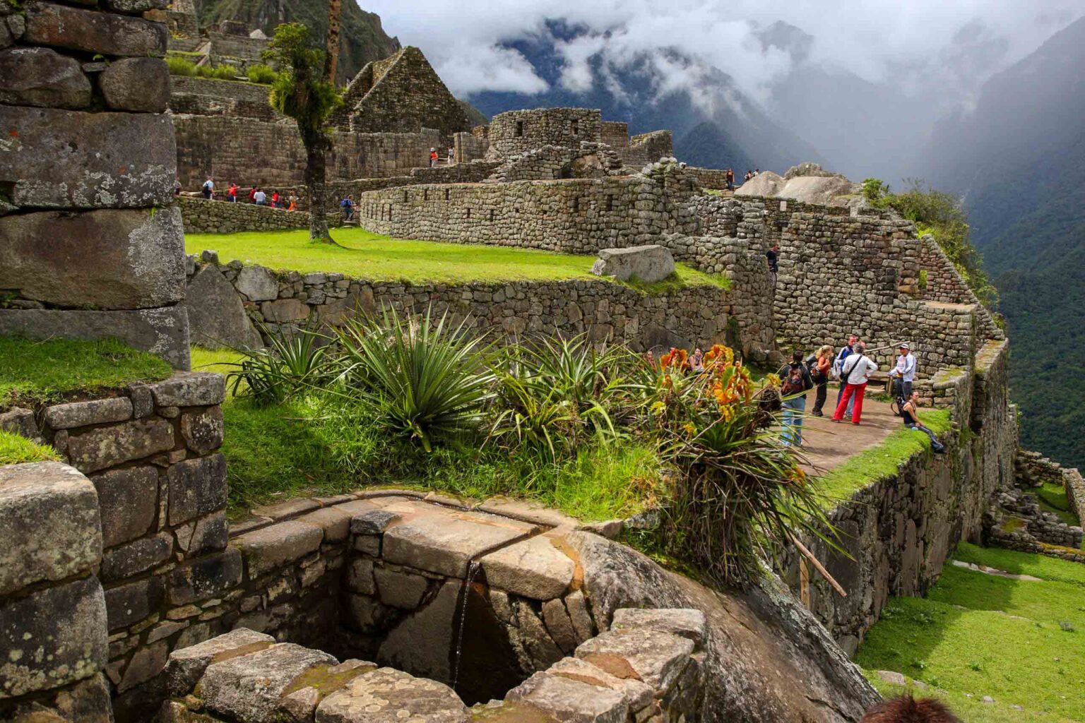 A group of tourists visiting Machu Picchu.