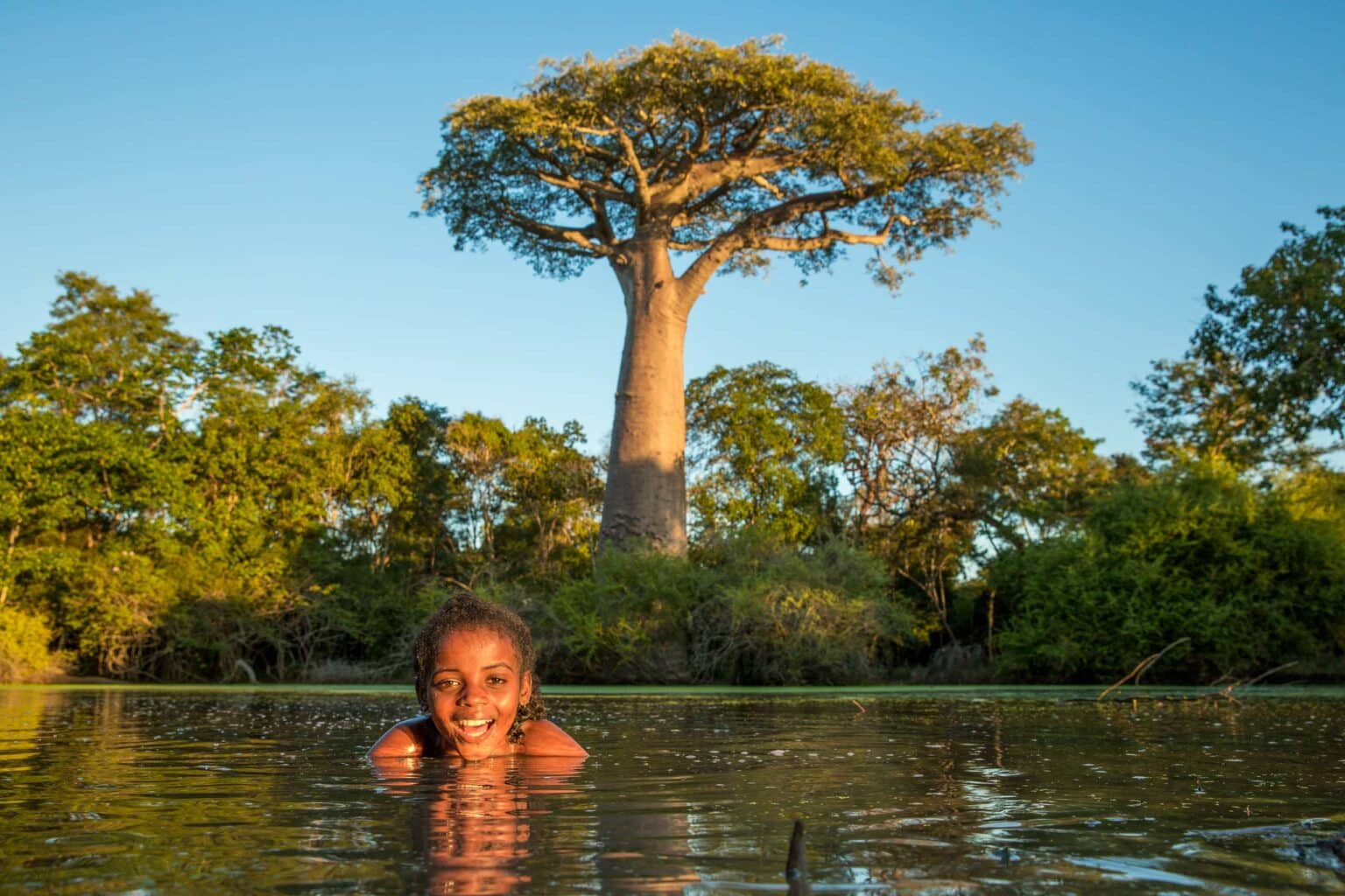 A young girl in a pond with a baobab tree in the background at sunset in Tulear Province.