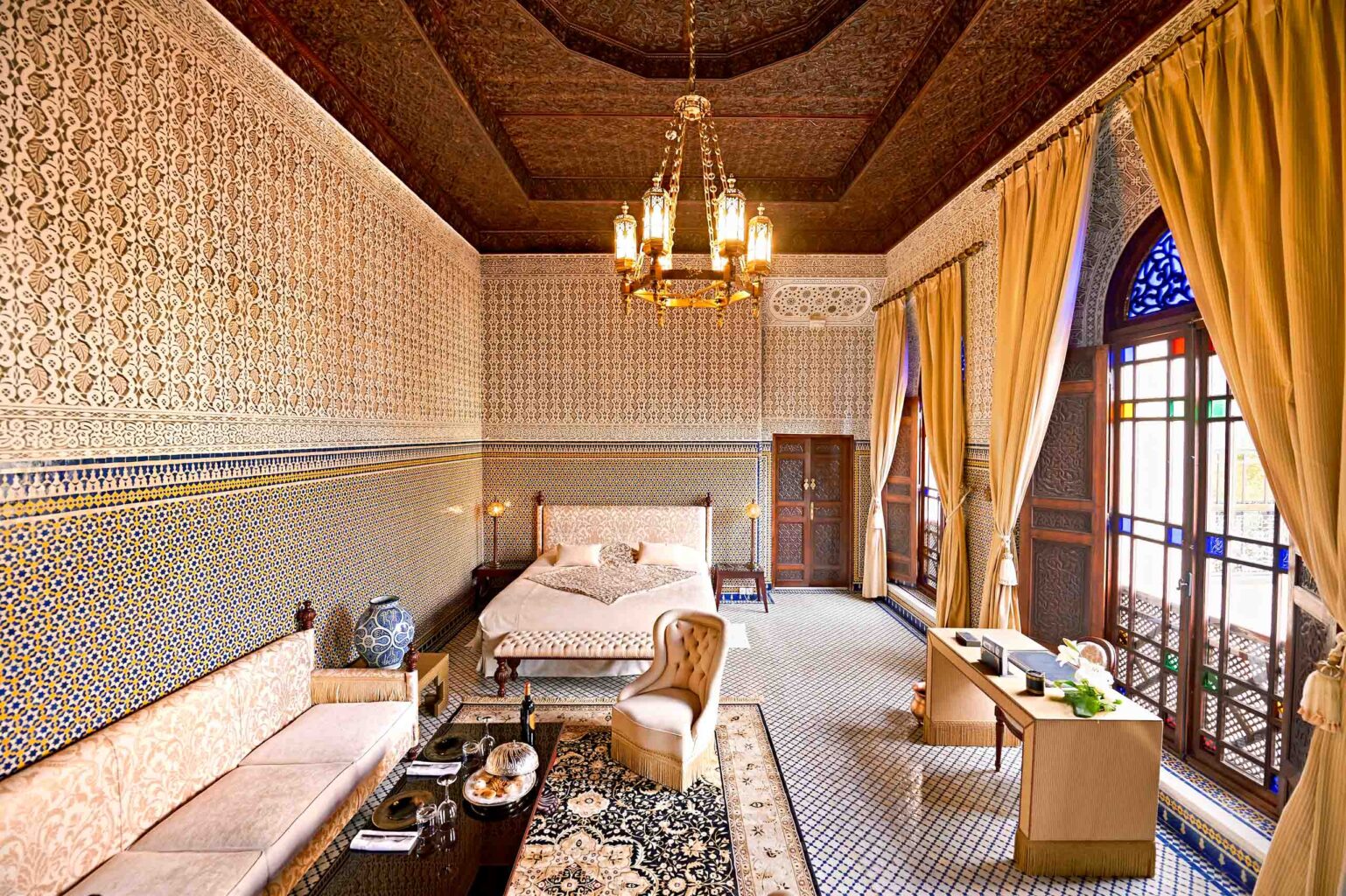 Luxurious riad hotel room in Morocco.