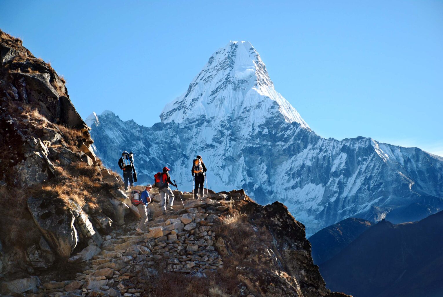 Hikers in the mountains in Nepal.