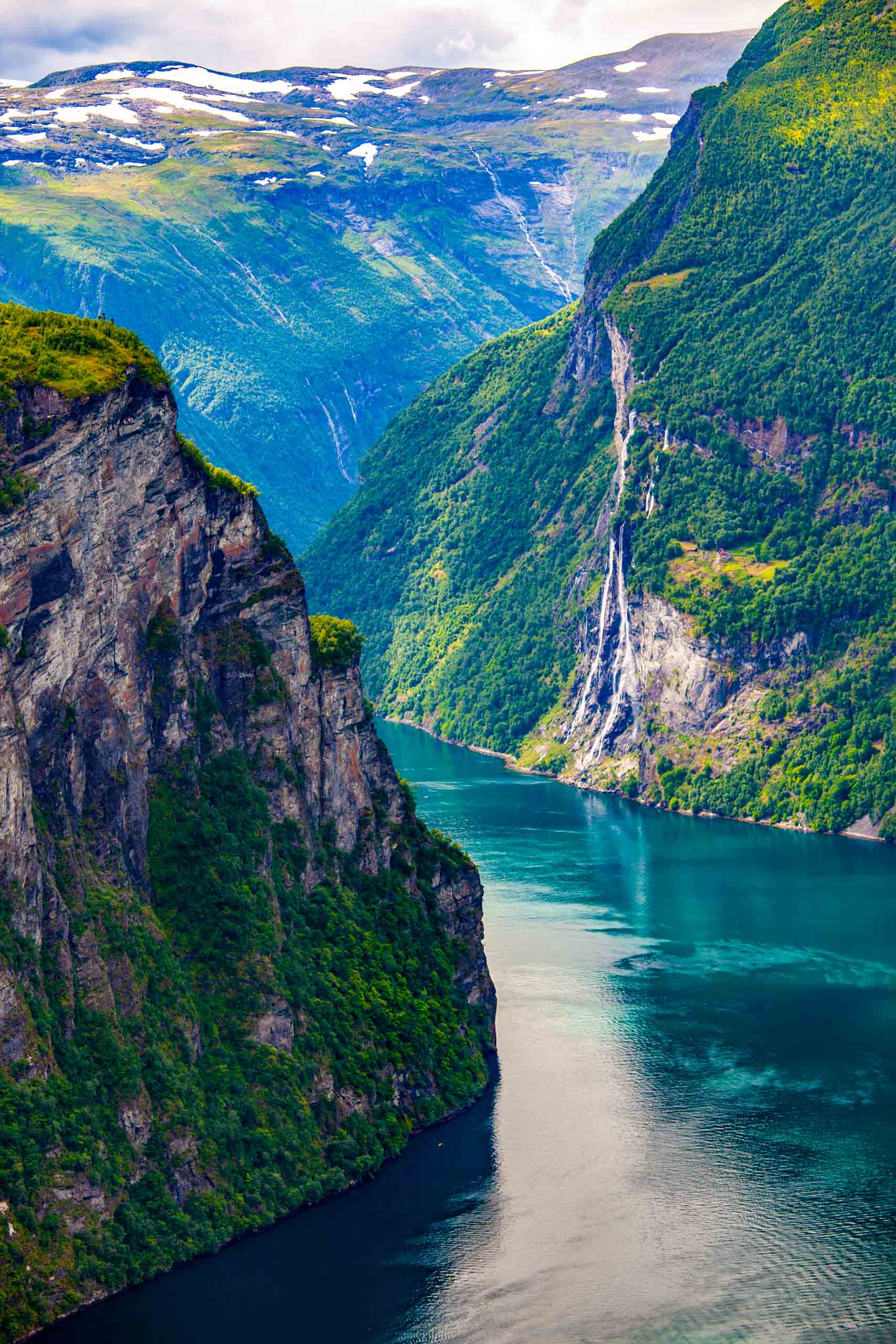 Beautiful view of Geiranger fjord and the Seven sisters waterfall in Norway.