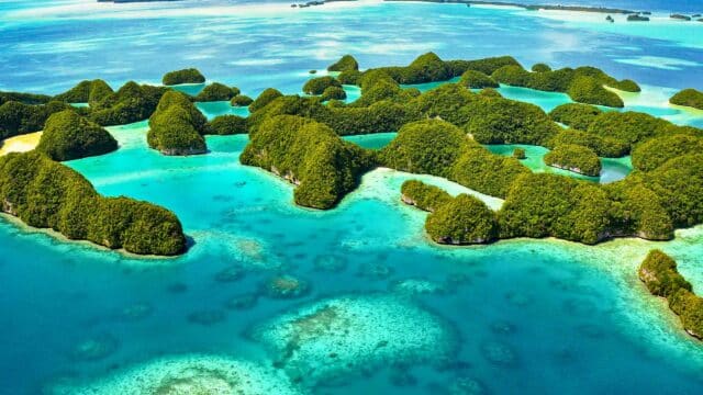 An aerial view of islands in Palau.