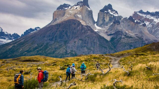 A group of people hiking in Patagonia.