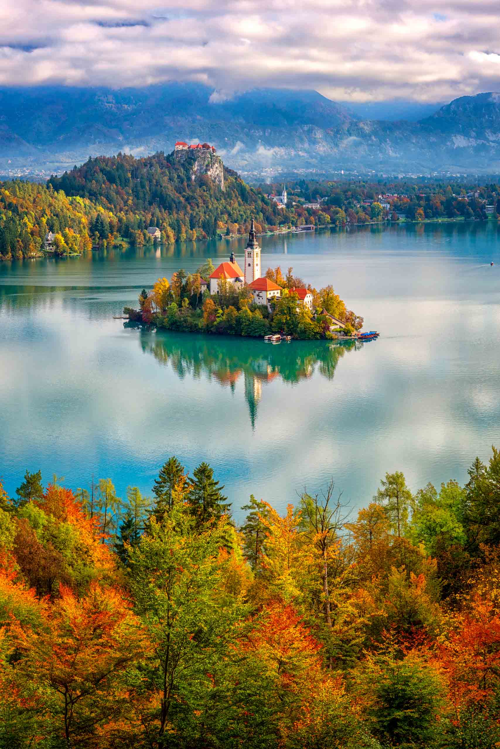Autumns landscape of Bled lake in Slovenia.