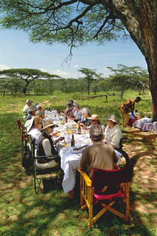 A group of travelers sharing a meal together on a safari in Tanzania.