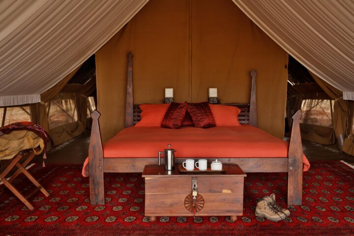A bedroom in a tent.