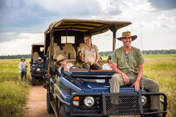 A group of people on a safari in Tanzania.