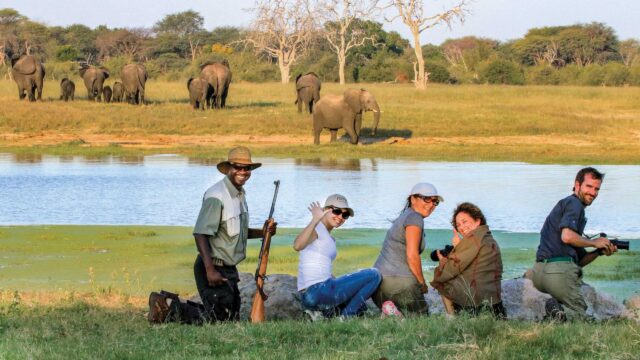 A group of travelers on a safari in Zimbabwe.