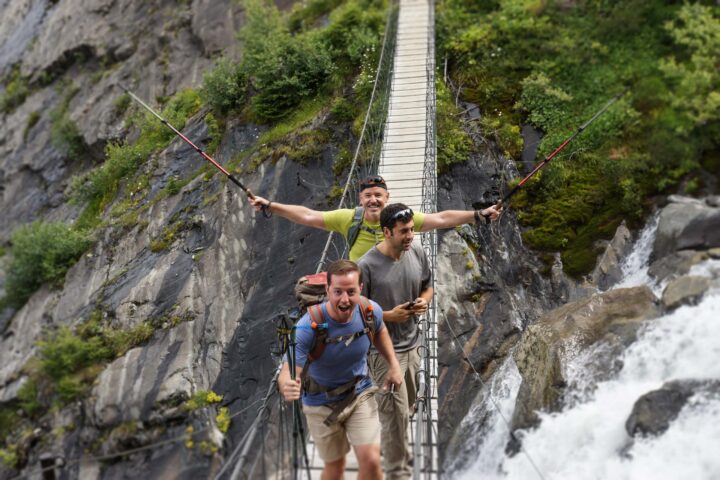 A group of hikers crossing a bridge in the Alps.