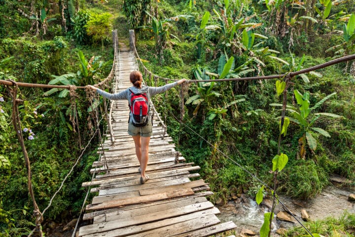Backpacker on bridge in tropical rainforest