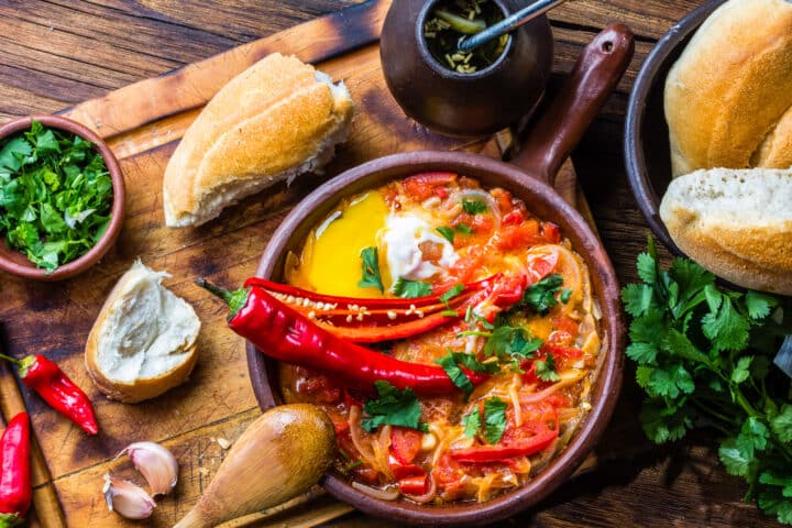 Chilean food. "Picante Caliente" or "spicy hot" with onion, tomatos, chilli aand eggs