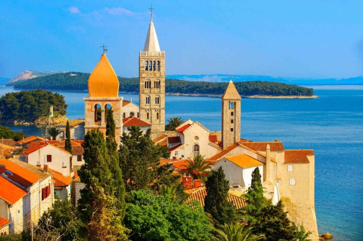 View from St John Church tower over the medieval roof tops of Rab town, Rab Island, Croatia.