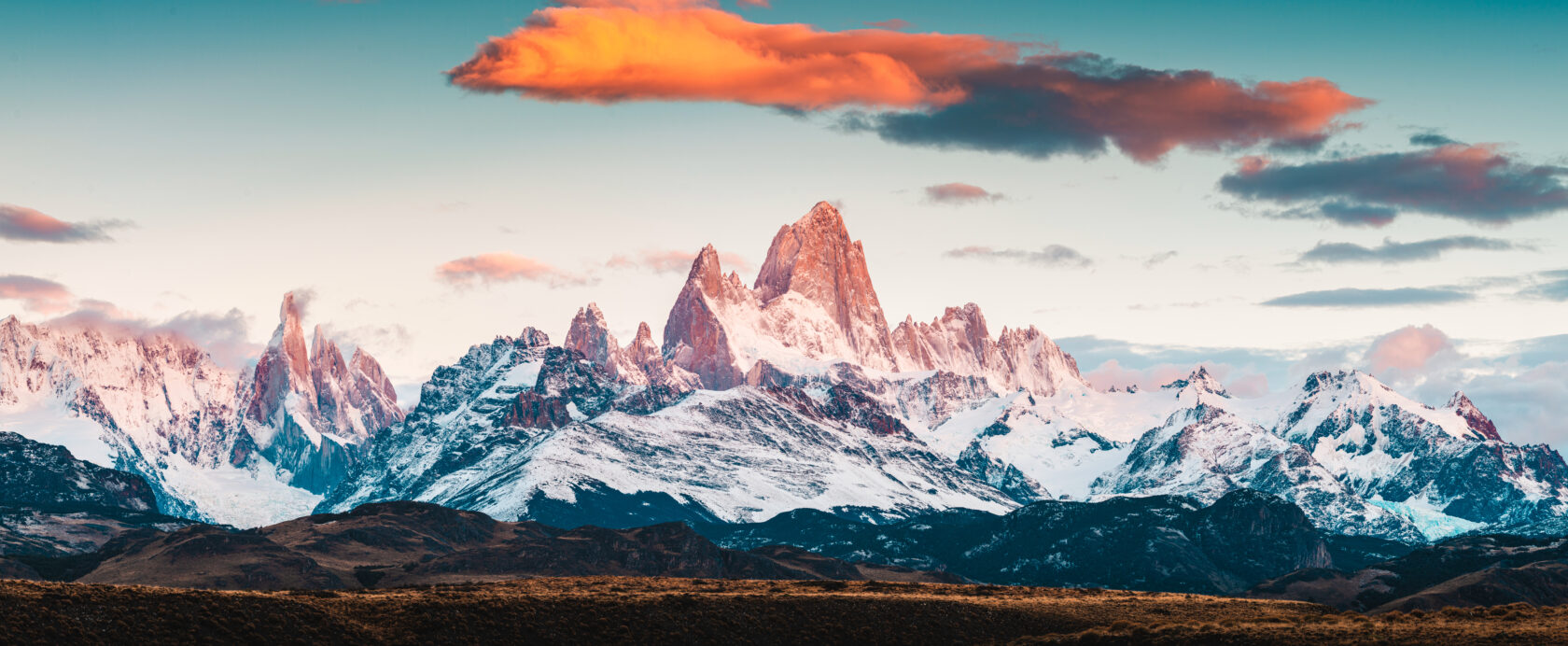 Panoramic view of Fitz Roy range and Cerro Torre, Patagonia, Argentina