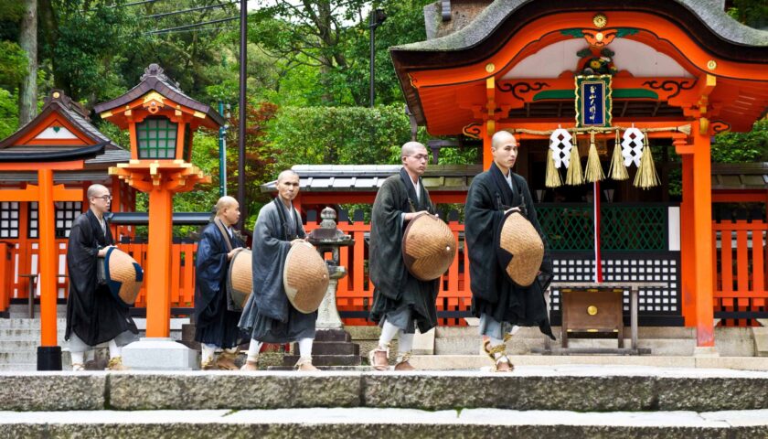 A group of Japanese monks in Kyoto.