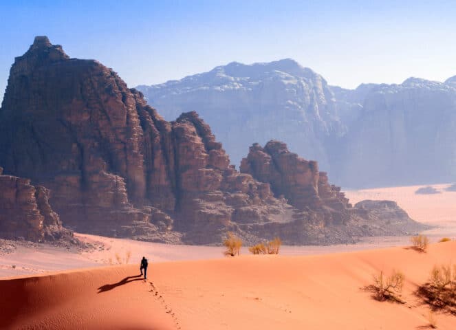 A hiker in a desert in Jordan.