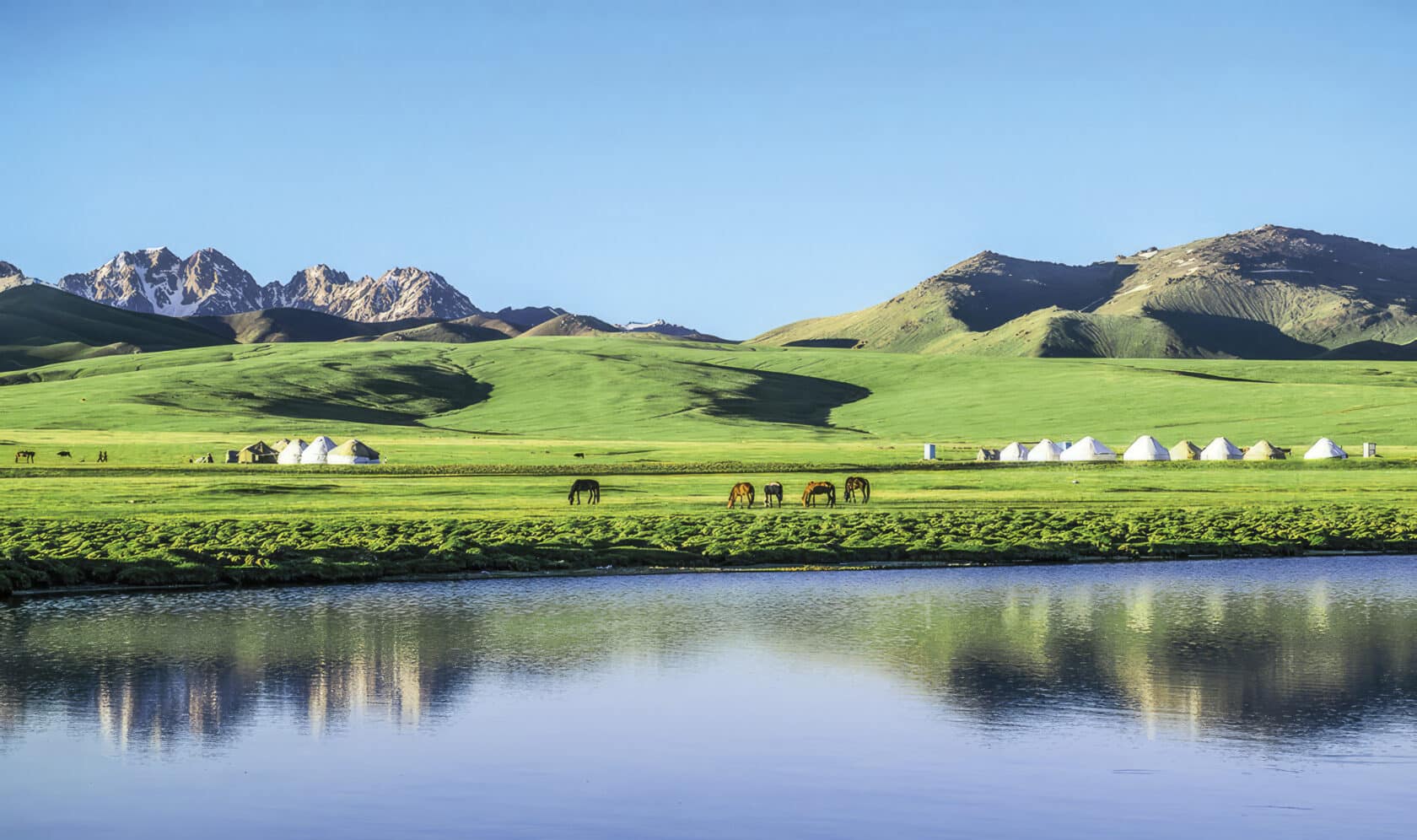 A yurt camp in Kyrgyzstan along Song Kul Lake.