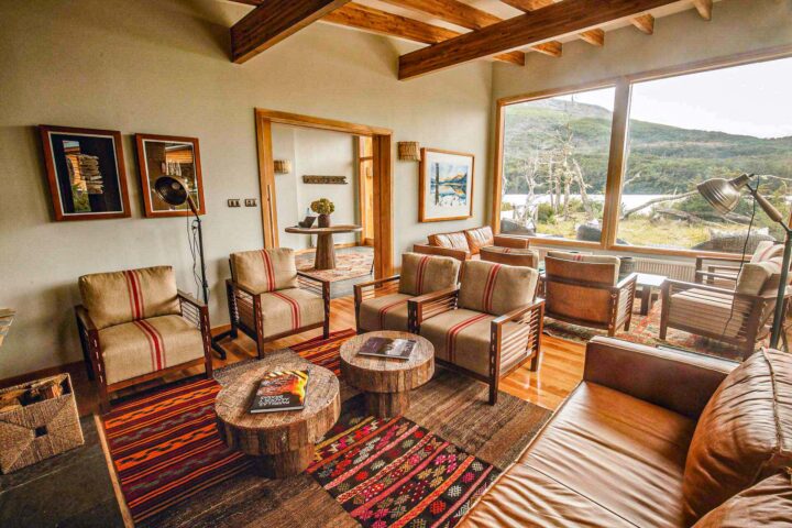 A living room area in a club house in Patagonia.