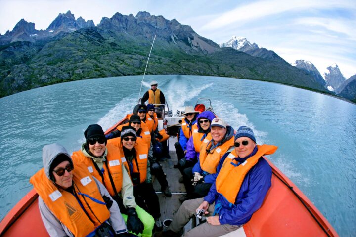 A group of tourists on a boat in Patagonia.