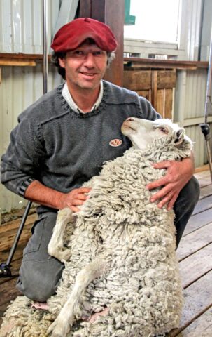 A sheep rancher with a sheep in his arms.