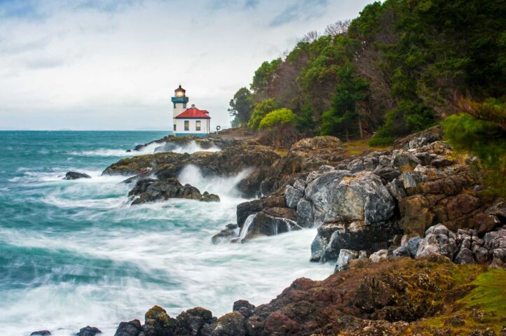 A lighthouse by the ocean.