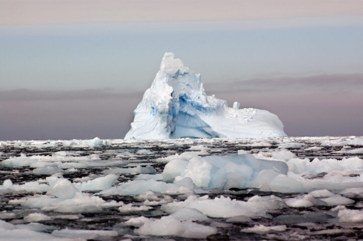 A large iceberg, true blue in its majesty, is surrounded by smaller pieces of floating ice in a cold, calm sea under a cloudy sky.