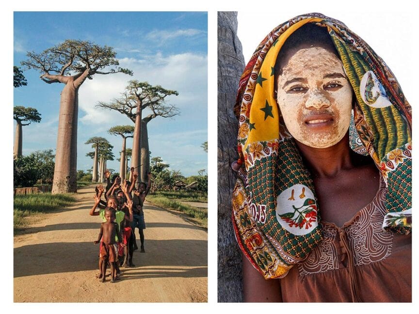 On the left, children play on a dirt road lined with baobab trees; on the right, a woman with a face mask and colorful headscarf stands in front of a baobab tree. This scene from Madagascar feels almost lost in time.