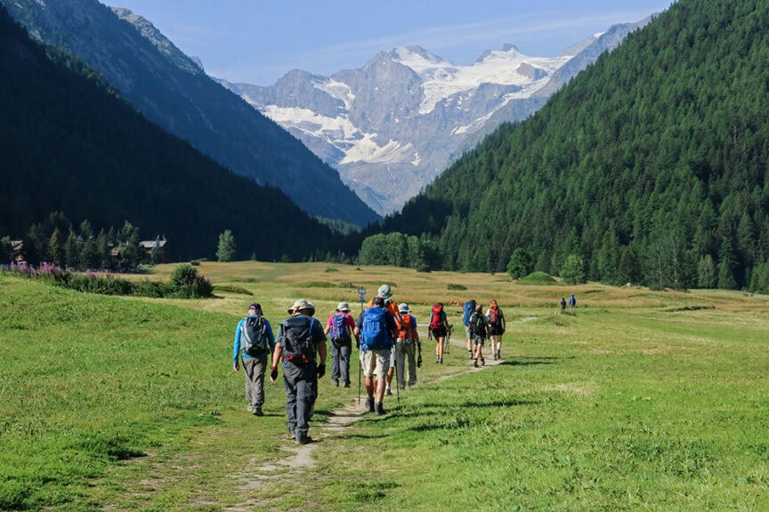 A group of hikers with backpacks walk along a grassy path in the Val d'Aosta, surrounded by mountains and forests under a clear blue sky, enjoying one of Italy's scenic hiking trails.