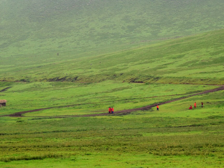 A group of people in red clothing scattered across a lush green field with a dirt trail running through it, exploring the hilly landscape that evokes the vibrant scenery of East Africa.