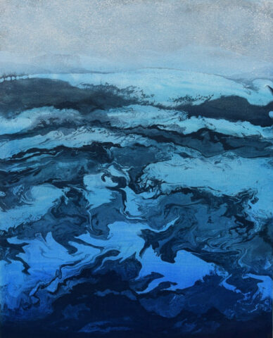 Abstract painting with swirling shades of blue resembling the captivating colors of the Aegean Sea.
