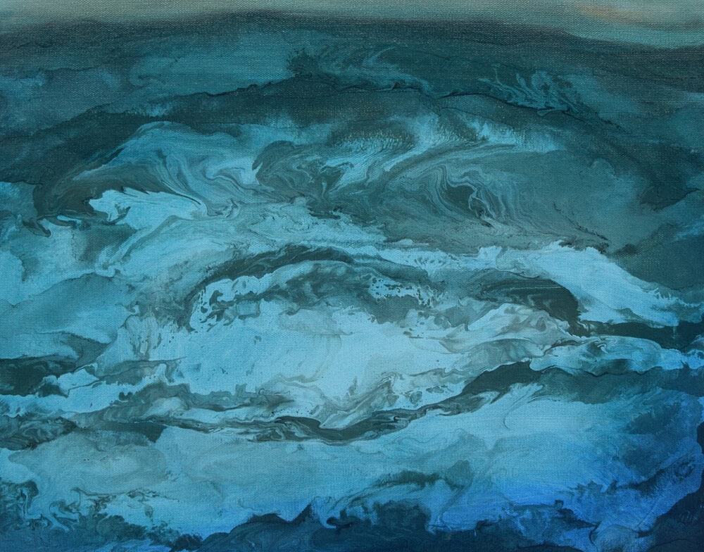 Abstract painting of swirling blue and teal hues, resembling the turbulent colors of Aegean ocean waves.