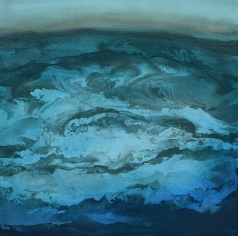 Abstract painting of swirling blue and teal hues, resembling the turbulent colors of Aegean ocean waves.