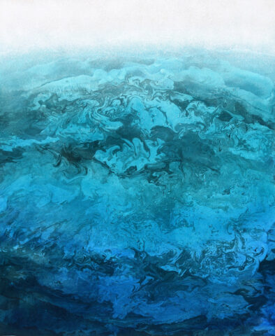 An abstract artwork showing swirling shades of blue and teal, the colors of the Aegean, resembling ocean waves or water currents, with a white gradient at the top.