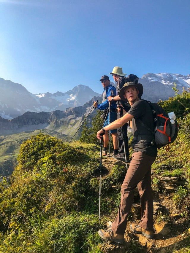 Three hikers with backpacks and walking sticks stand on a mountain trail in Switzerland, overlooking a landscape of green hills and snow-capped peaks under a clear blue sky, as they traverse the Via Alpina.