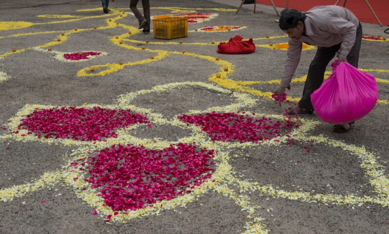 A person arranges yellow and pink flower petals in patterned designs on the ground, while holding a large pink sack. Another person and a yellow crate are visible in the background, illustrating a scene from a Country of Contrasts.