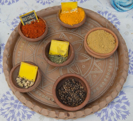 Clay tray displaying five small bowls of spices: red chili powder, turmeric, coriander powder, dried herbs, and black peppercorns, each labeled with a yellow tag—a true taste of the Country of Contrasts.