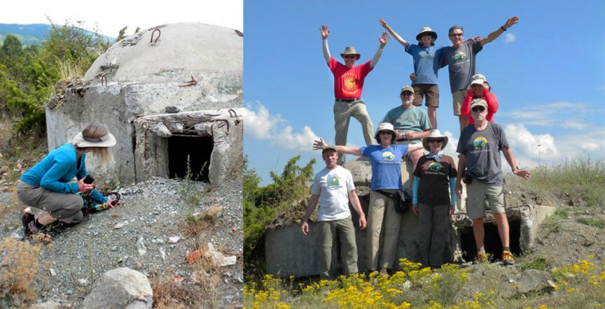 Left: Person kneeling in front of a concrete bunker. Right: Group of nine people, embodying the Spirit of Albania, posing with some standing on top of a similar bunker in a grassy area.