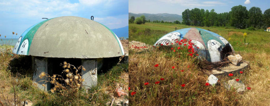 Two dome-shaped concrete bunkers with painted designs, embodying the spirit of Albania, stand in grassy, rural areas under blue skies. The left bunker's entrance is partly collapsed, while the right one is surrounded by wildflowers.