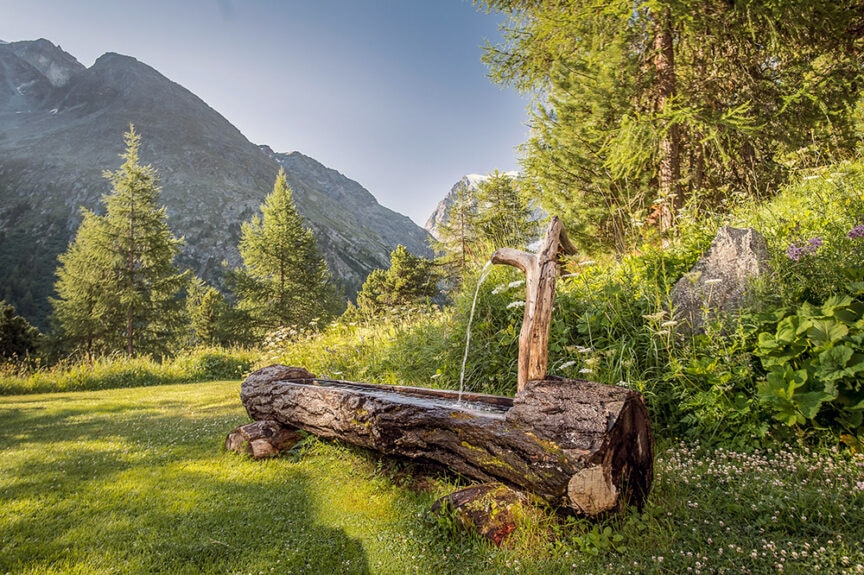 A rustic wooden fountain with water flowing, set in a grassy meadow with trees and a mountain in the background under a clear blue sky, evokes the serene beauty of hiking the Haute Route through Switzerland and France.
